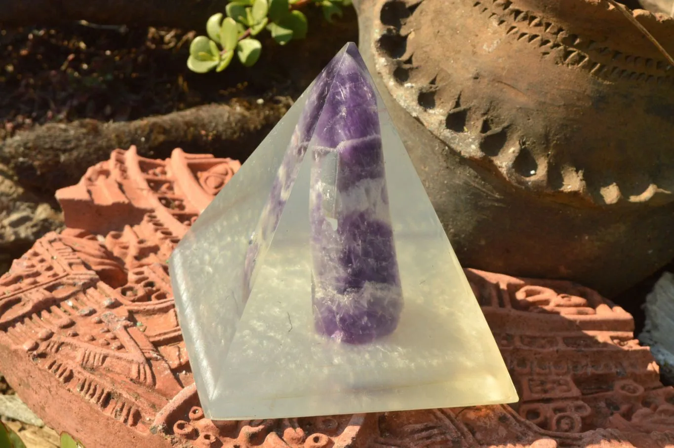 Polished Amethyst Set In A Clear Resin Pyramid With Light Stand x 1 From Southern Africa