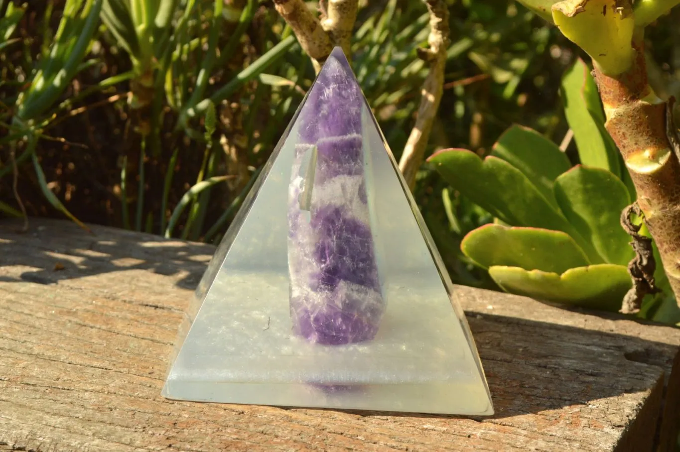 Polished Amethyst Set In A Clear Resin Pyramid With Light Stand x 1 From Southern Africa