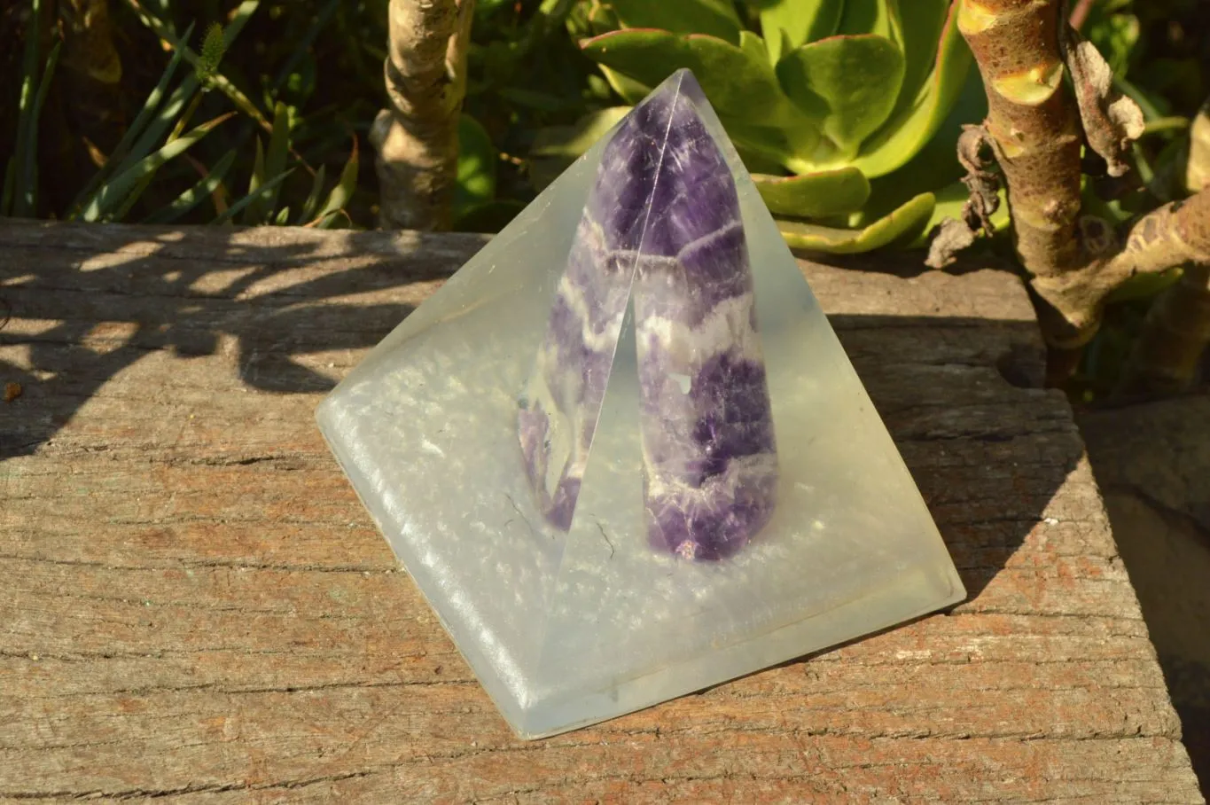 Polished Amethyst Set In A Clear Resin Pyramid With Light Stand x 1 From Southern Africa