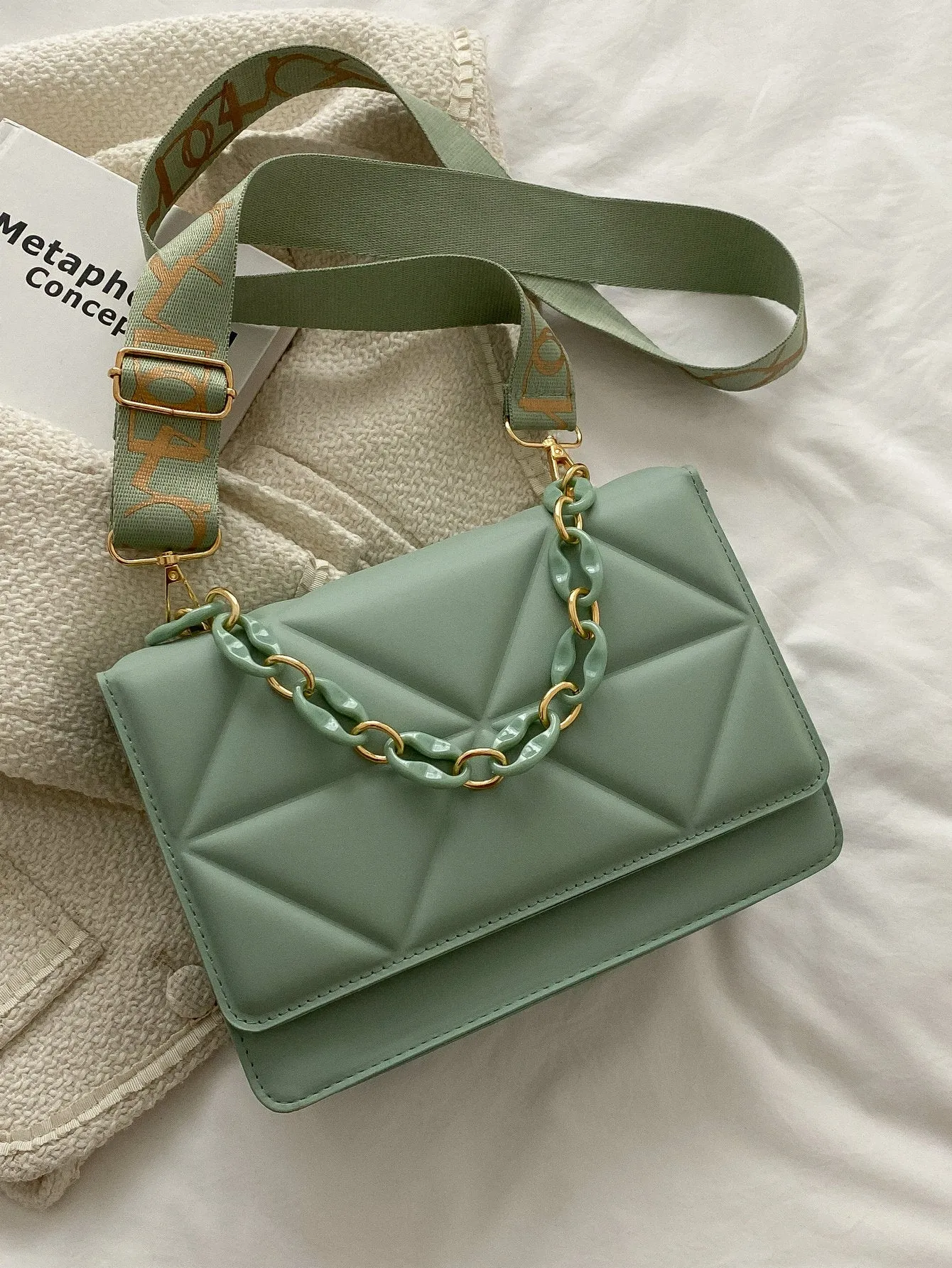 Quilted Embossed Flap Chain Bag