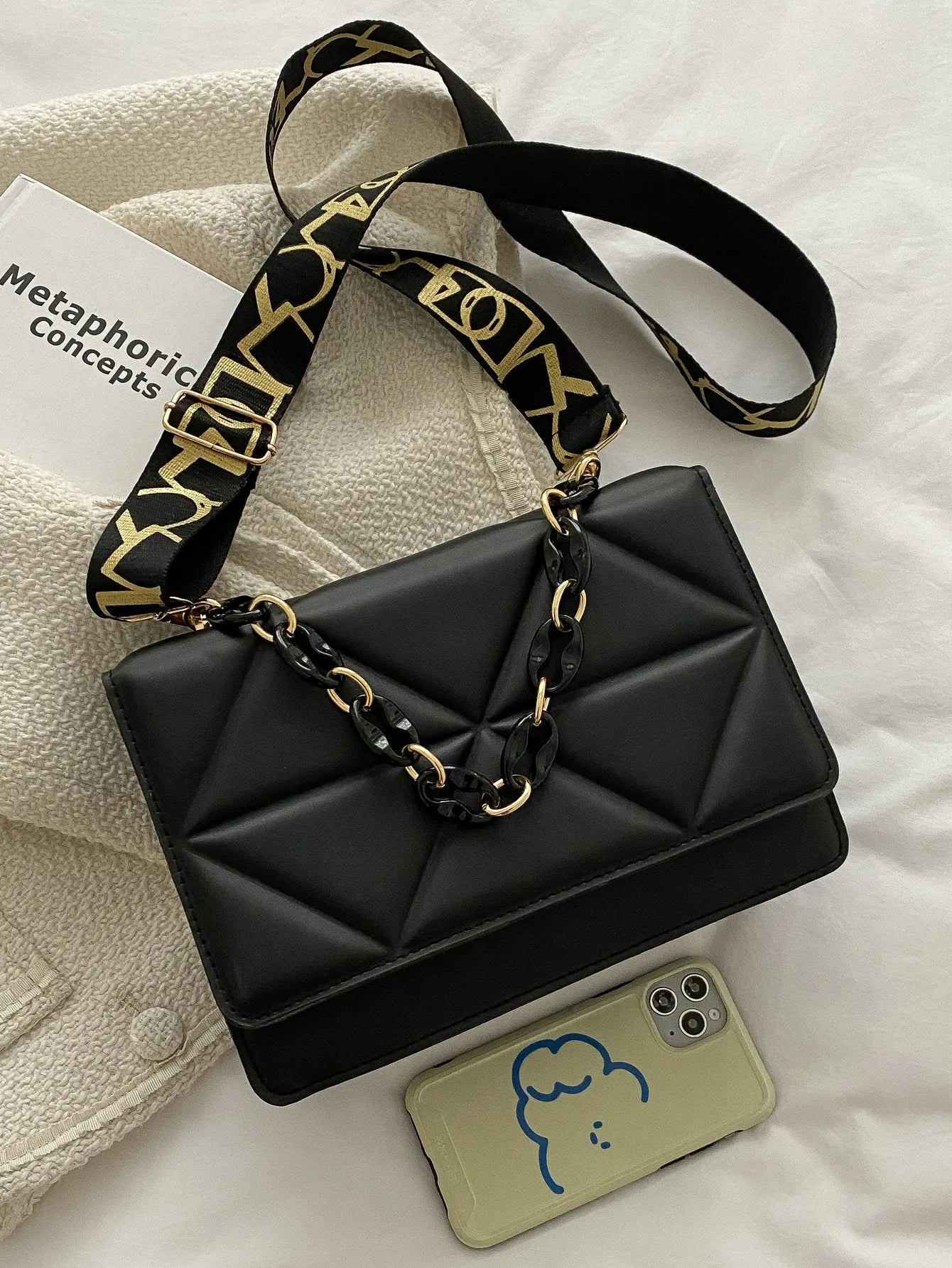 Quilted Embossed Flap Chain Bag