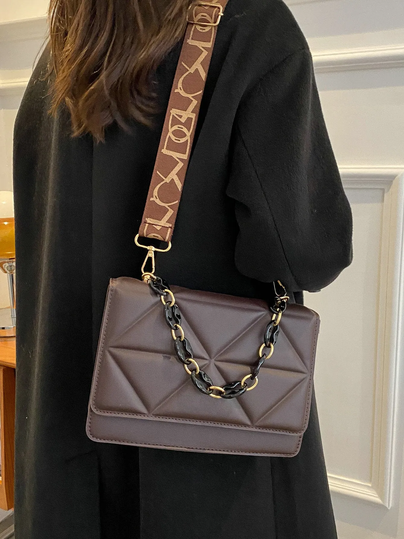 Quilted Embossed Flap Chain Bag