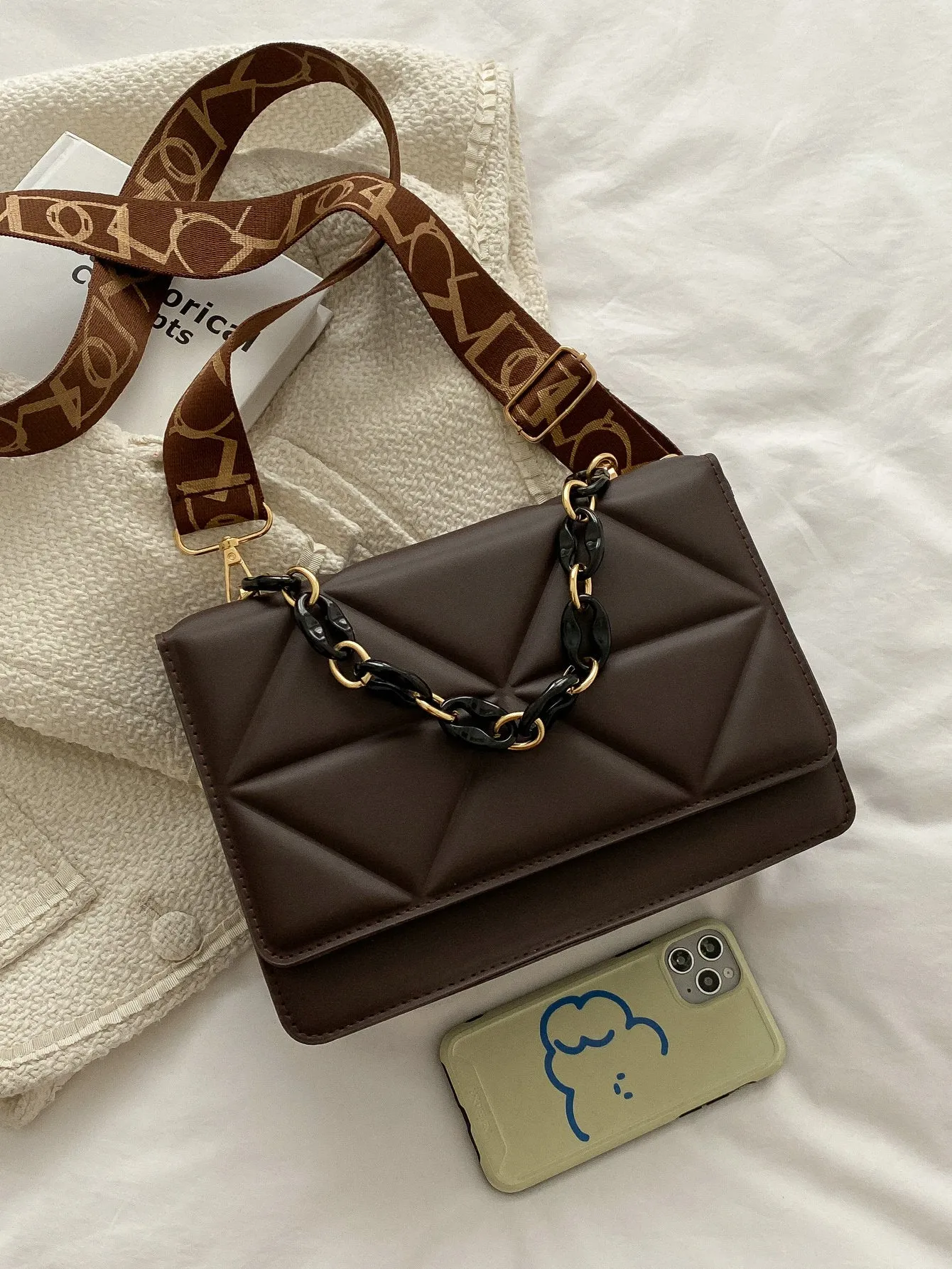 Quilted Embossed Flap Chain Bag