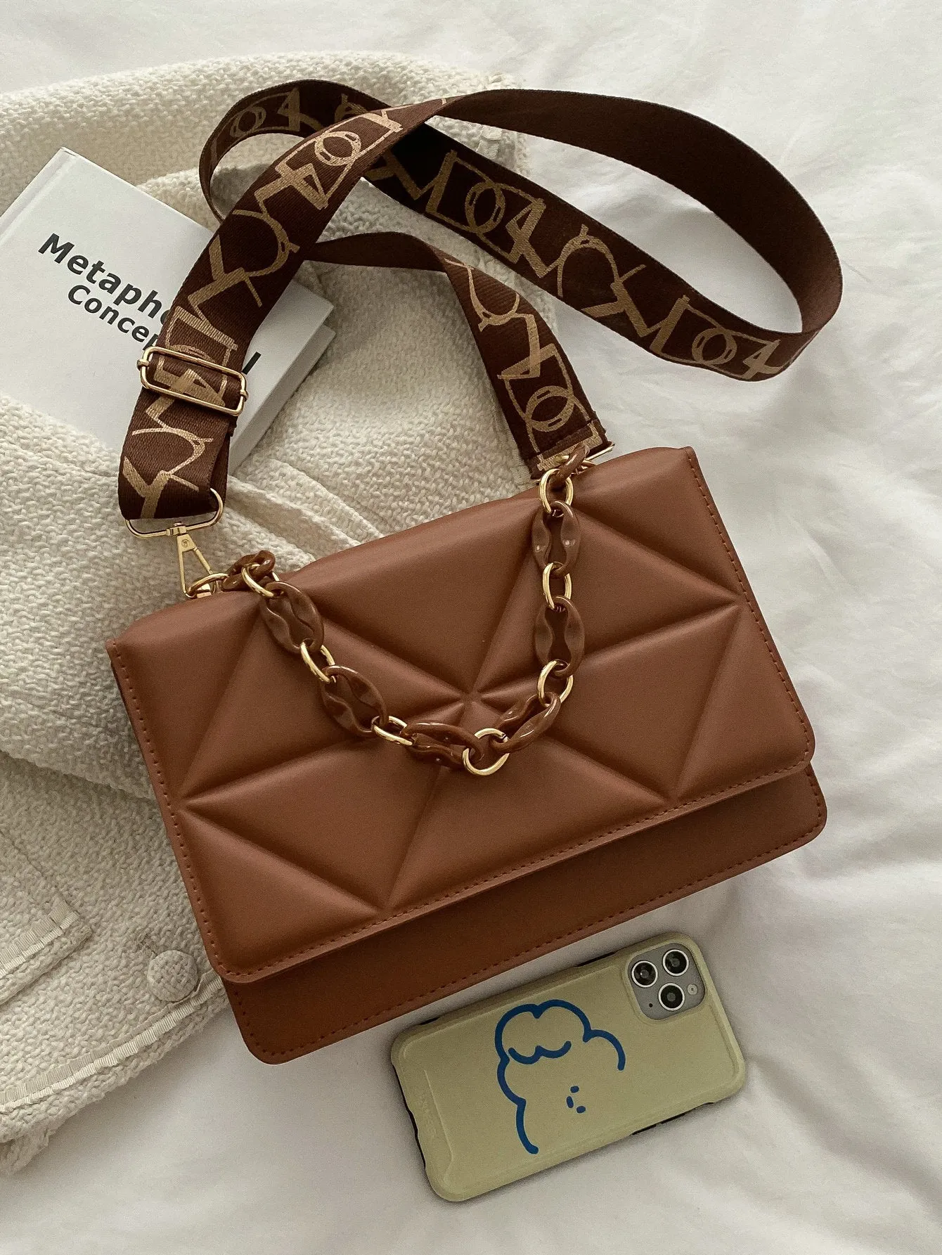 Quilted Embossed Flap Chain Bag