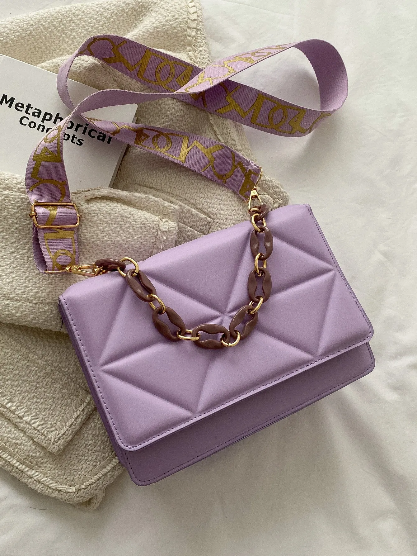 Quilted Embossed Flap Chain Bag