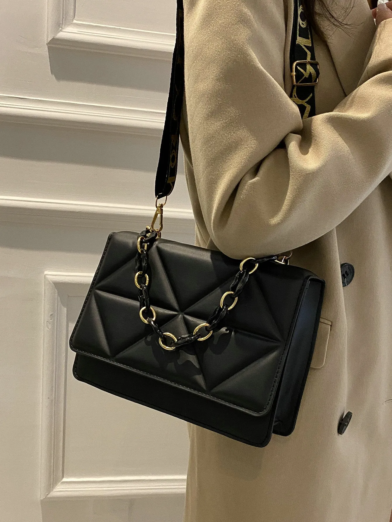 Quilted Embossed Flap Chain Bag