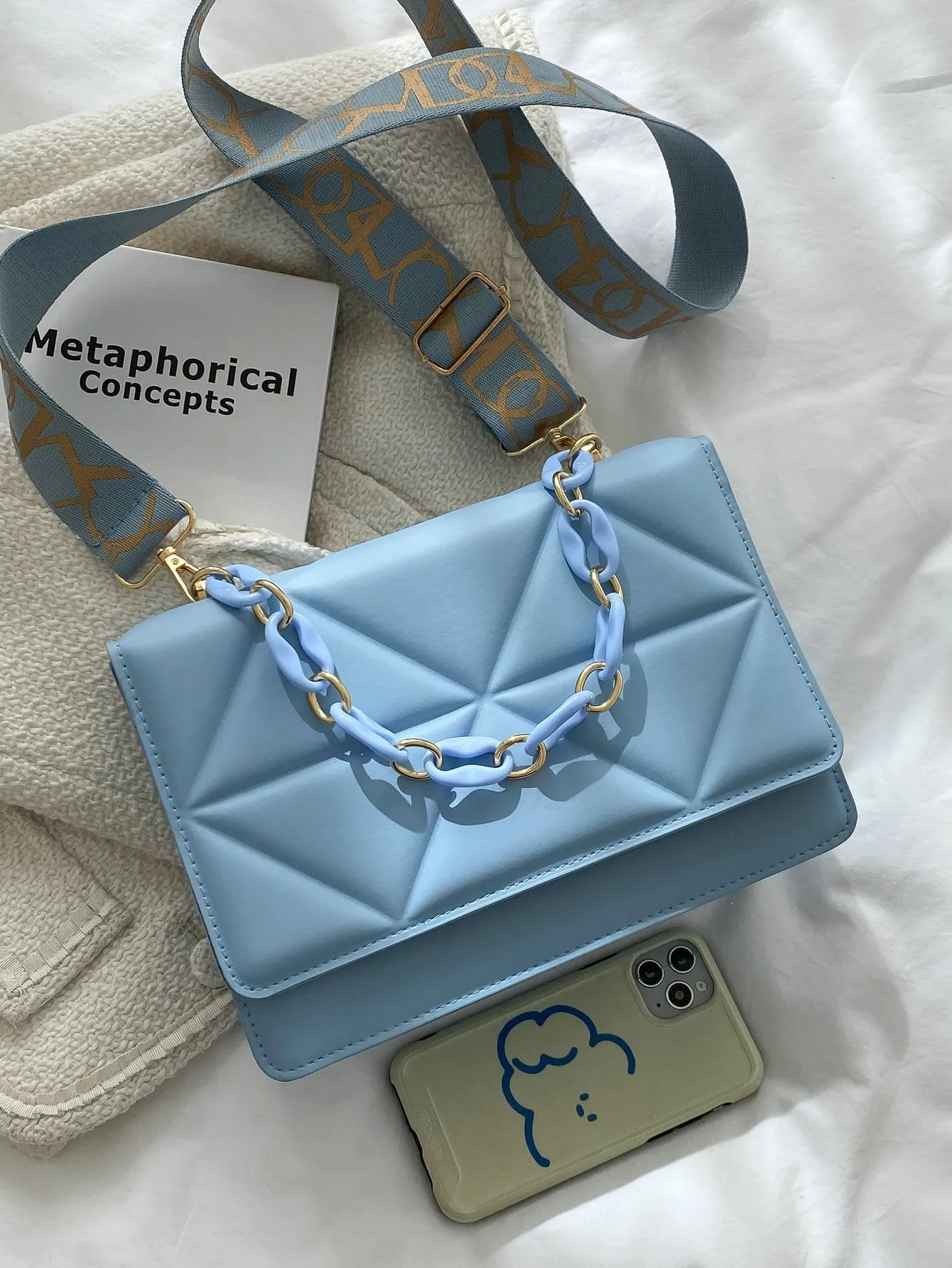 Quilted Embossed Flap Chain Bag