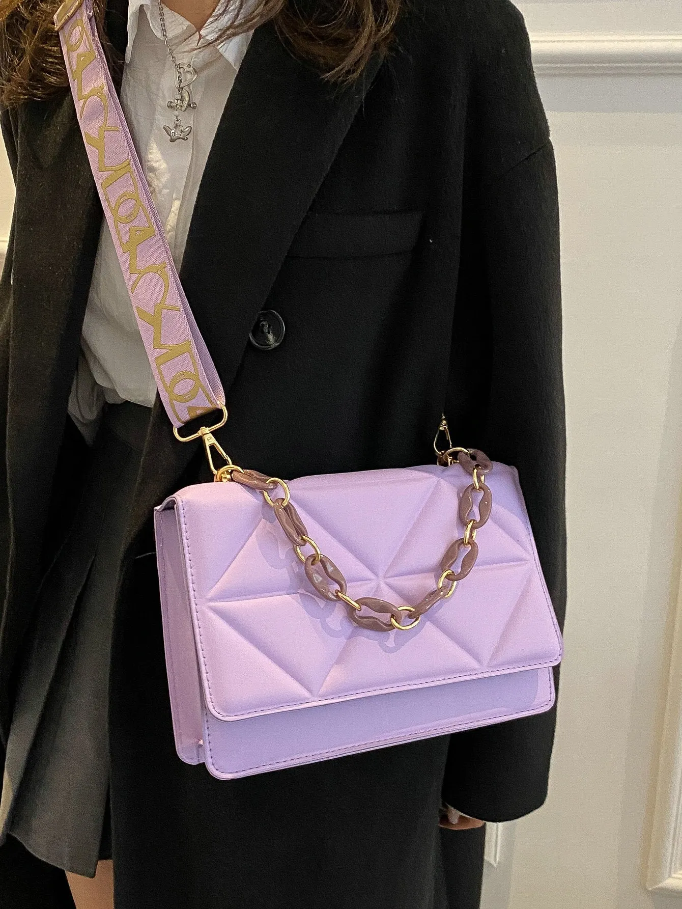 Quilted Embossed Flap Chain Bag