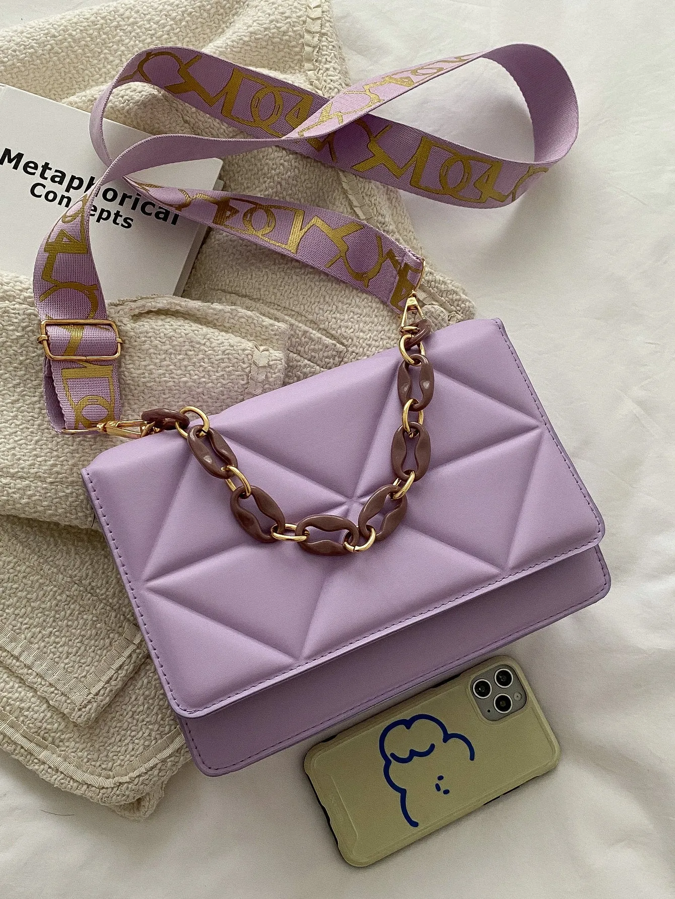Quilted Embossed Flap Chain Bag