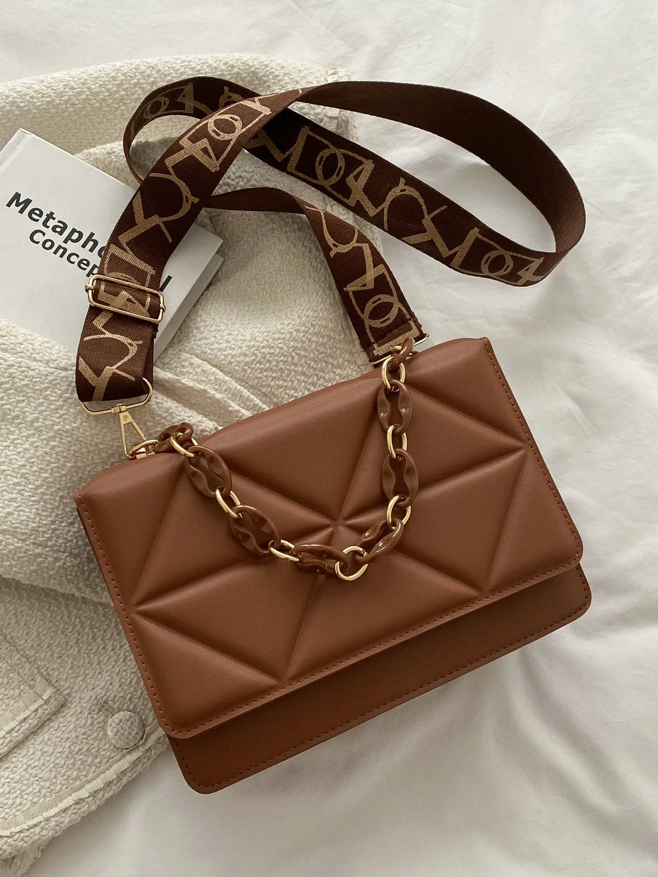 Quilted Embossed Flap Chain Bag