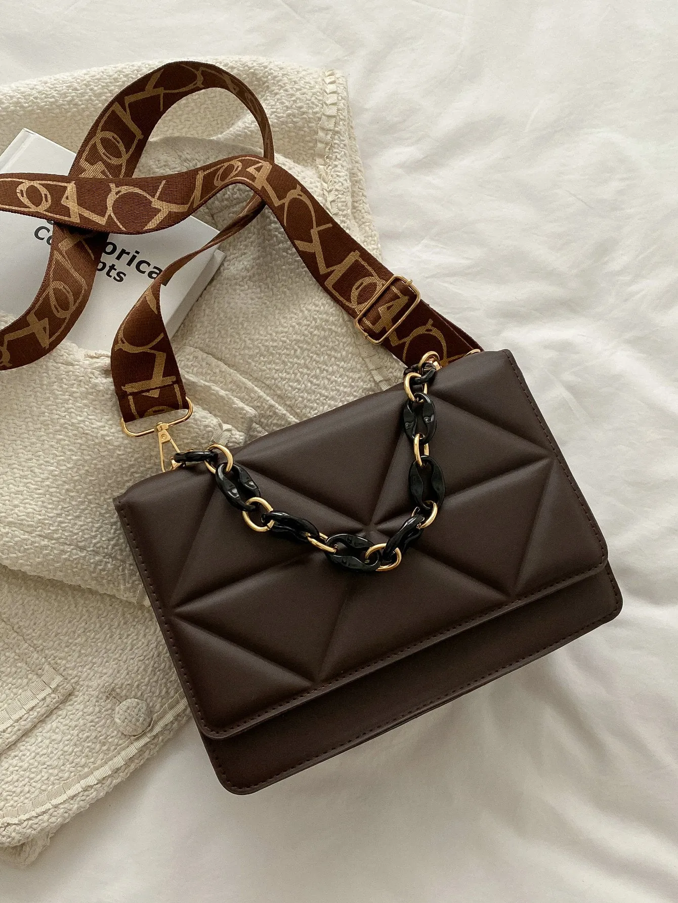 Quilted Embossed Flap Chain Bag