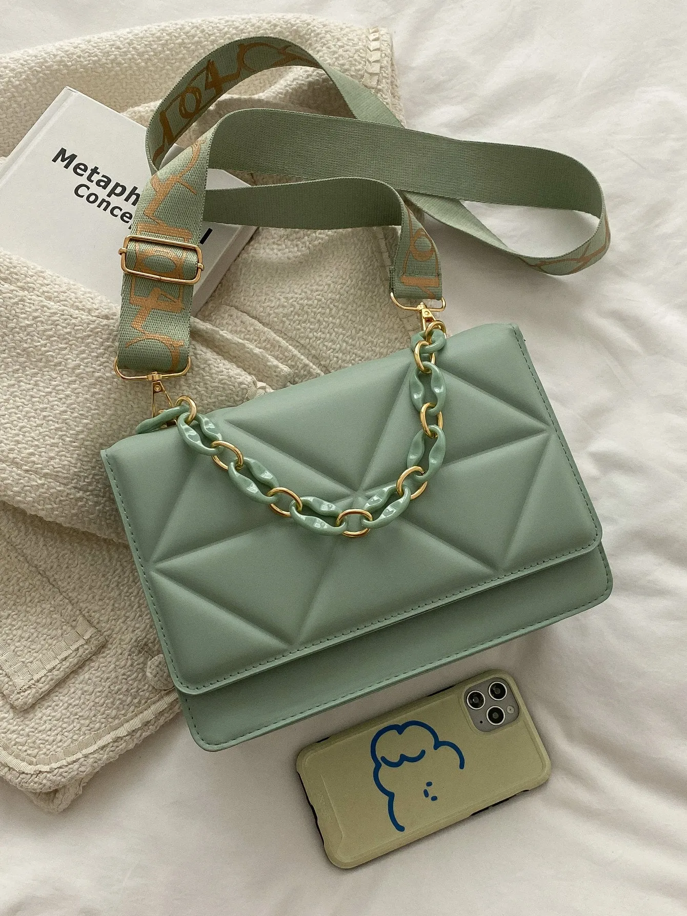 Quilted Embossed Flap Chain Bag