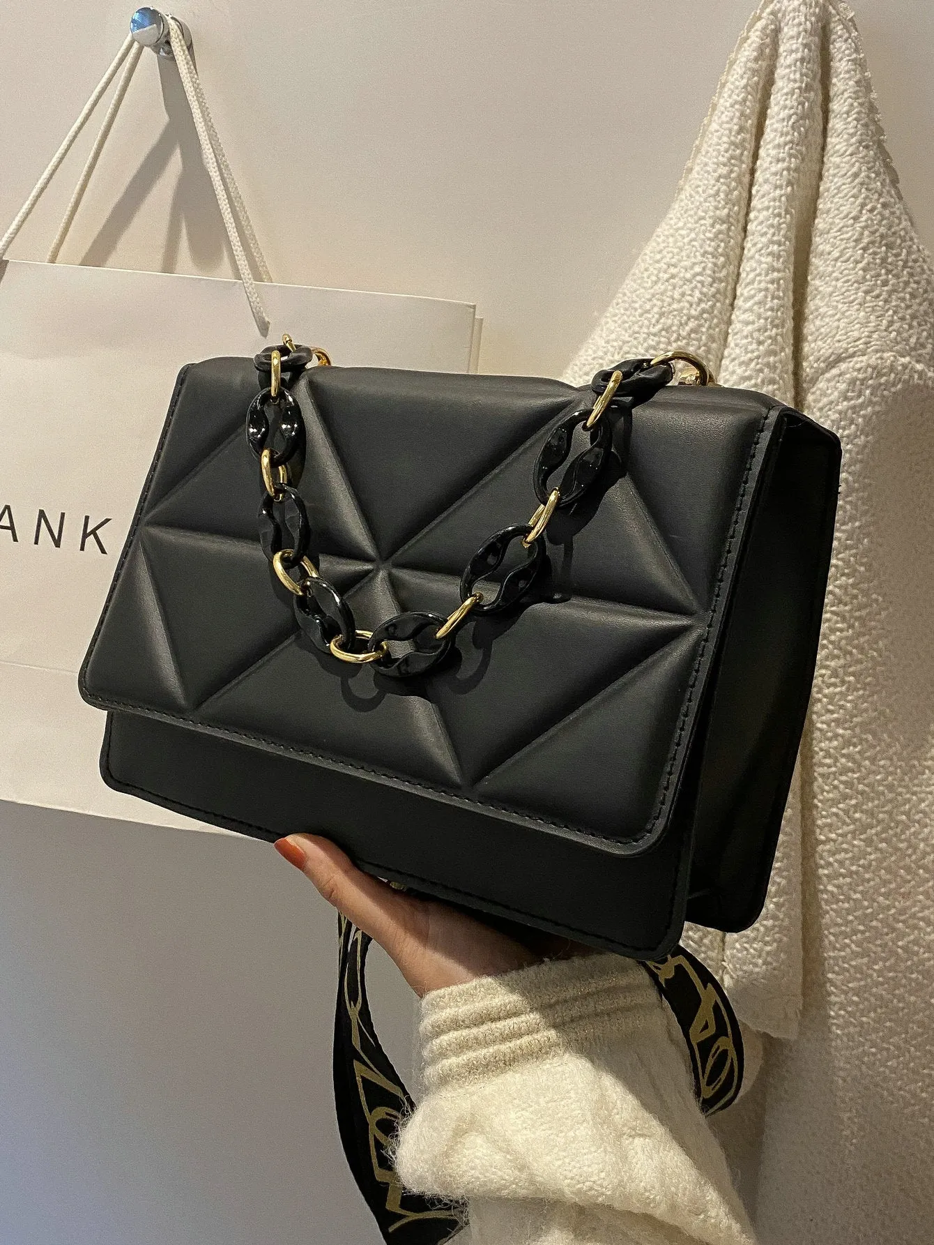 Quilted Embossed Flap Chain Bag