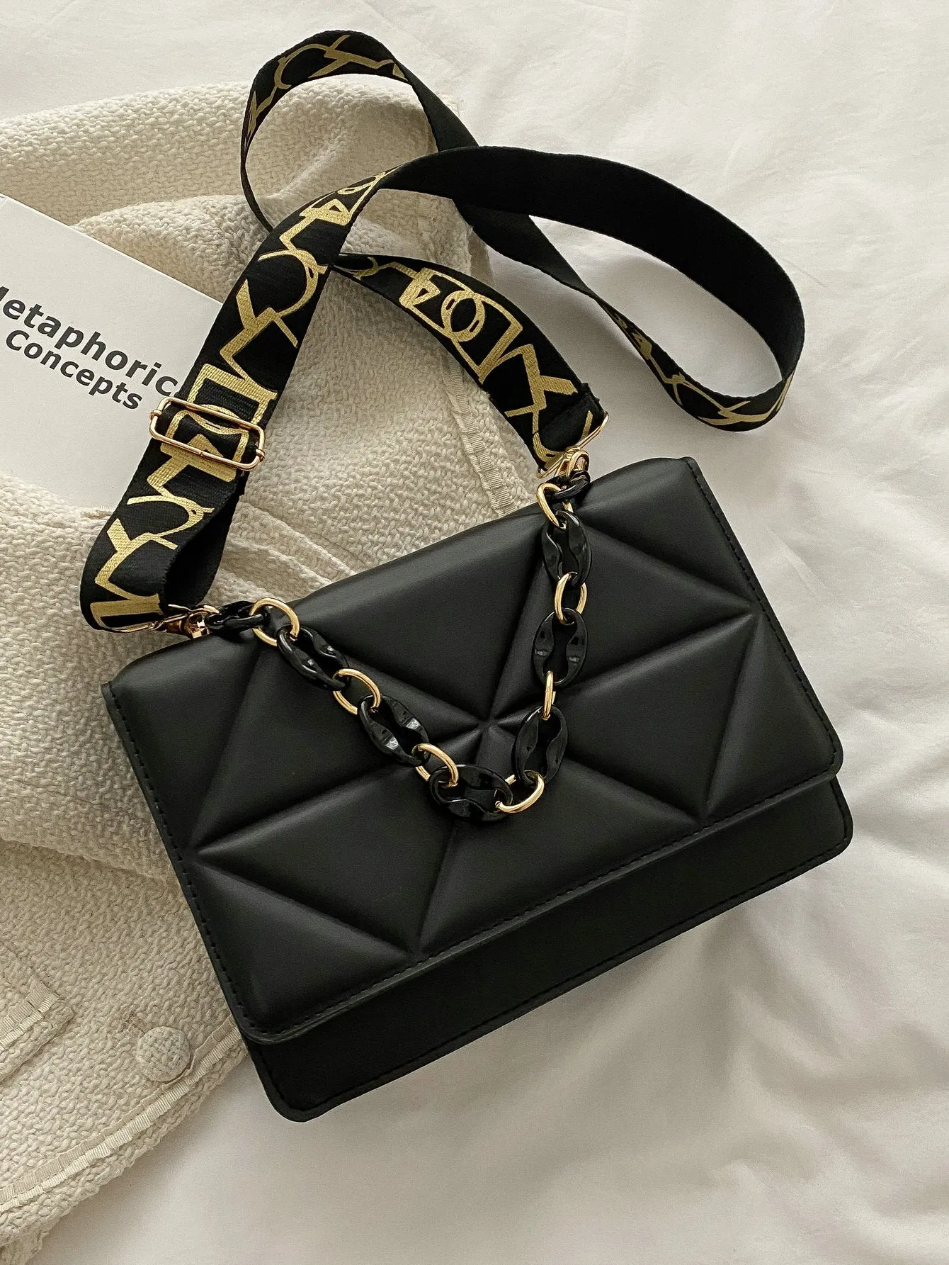 Quilted Embossed Flap Chain Bag