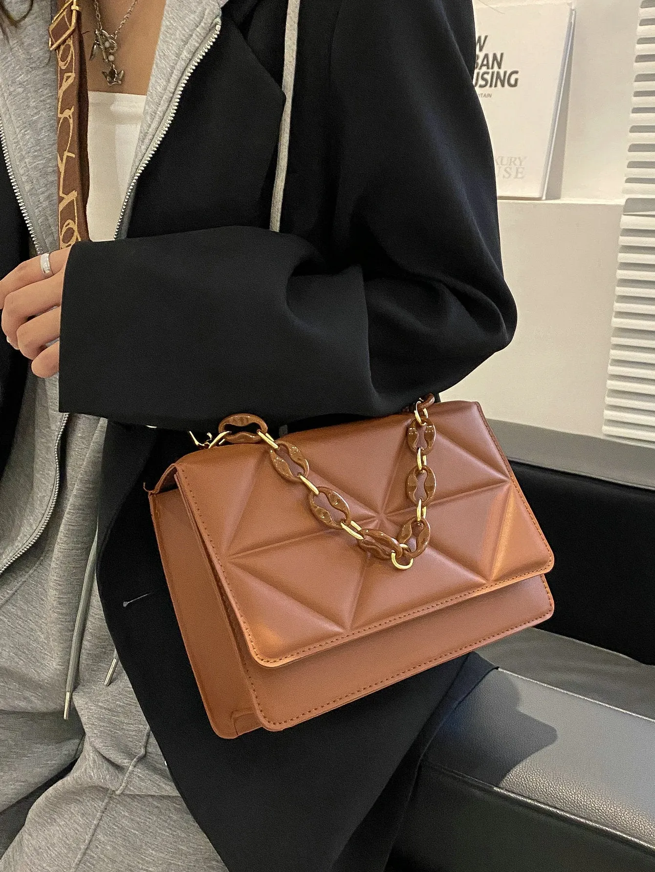 Quilted Embossed Flap Chain Bag