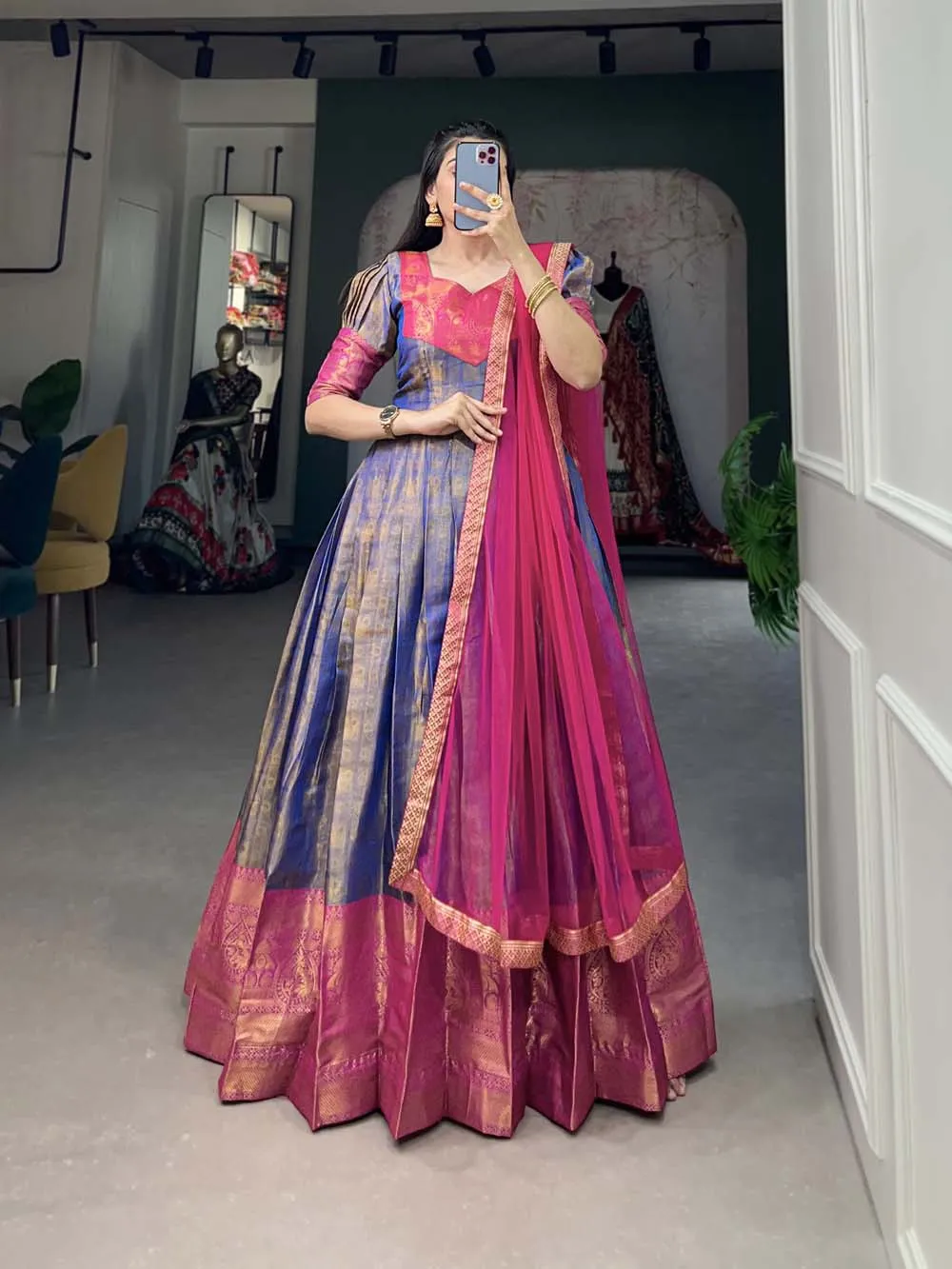 Regal Blue Zari Woven Kanjivaram Gown with Net Dupatta