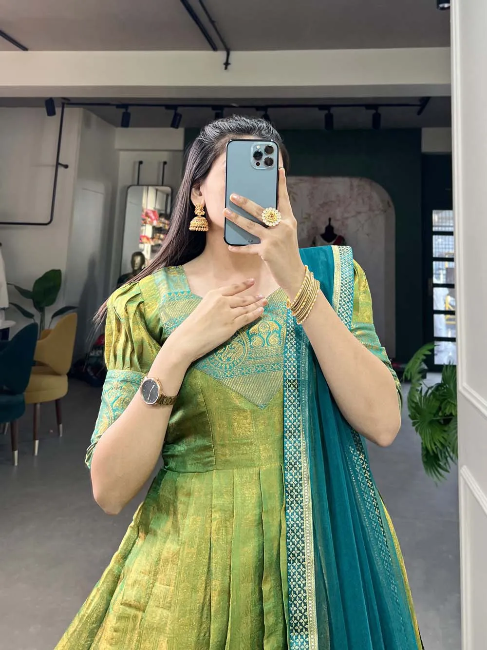 Regal Parrot Green Zari Woven Kanjivaram Gown with Net Dupatta