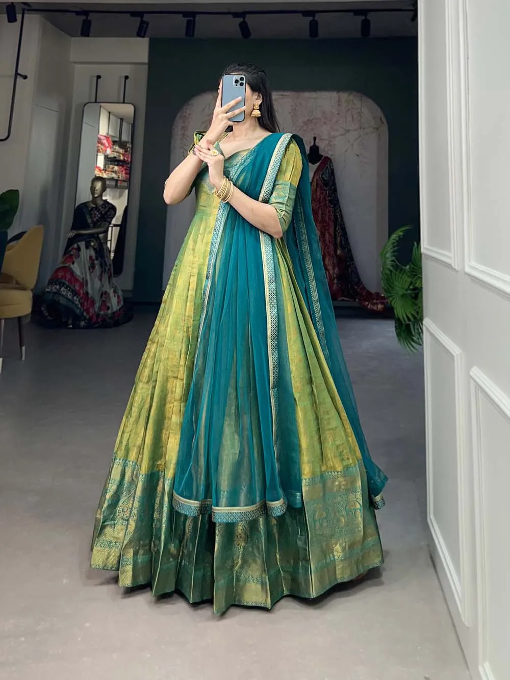 Regal Parrot Green Zari Woven Kanjivaram Gown with Net Dupatta