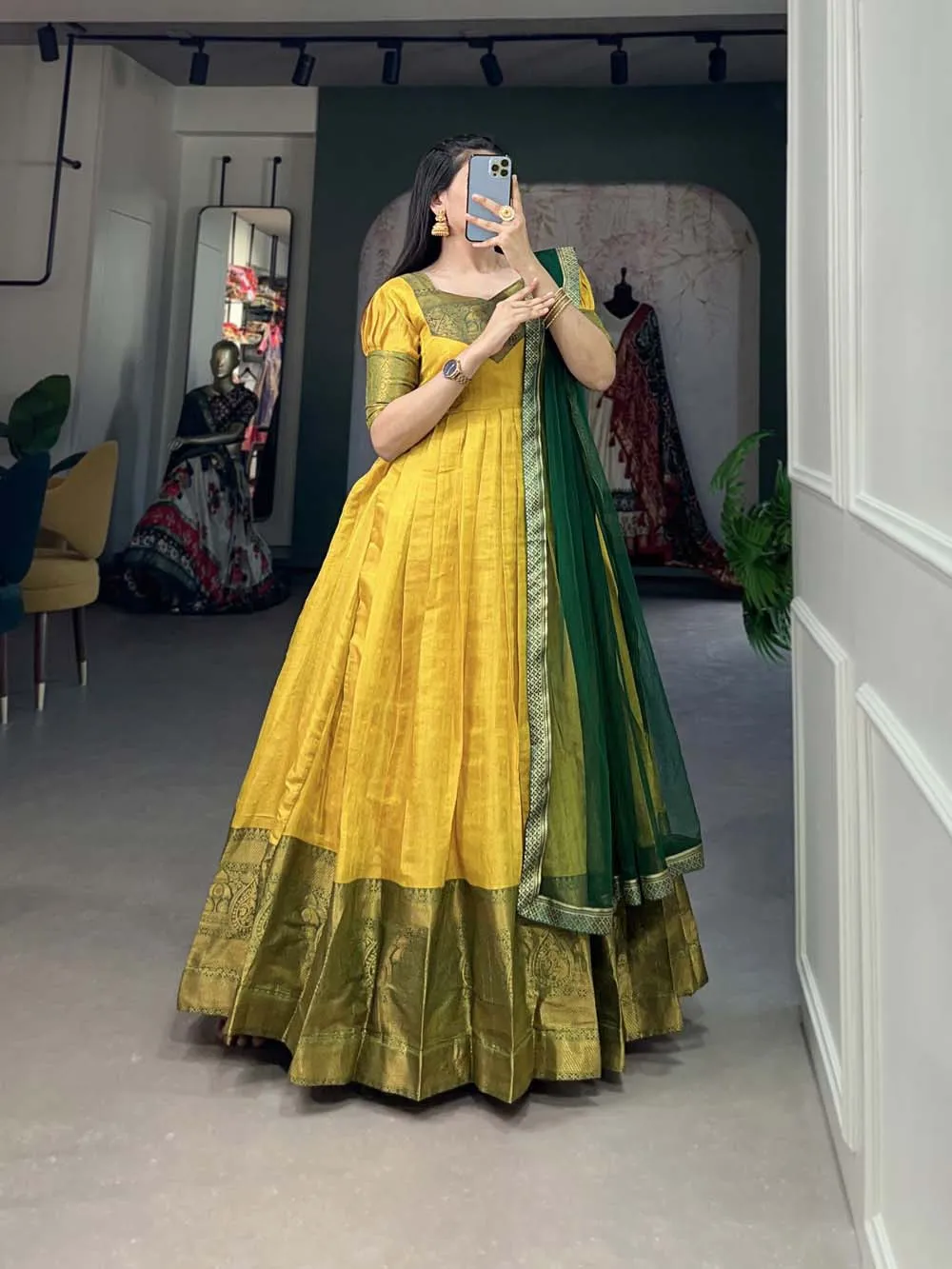Regal Yellow Zari Woven Kanjivaram Gown with Net Dupatta