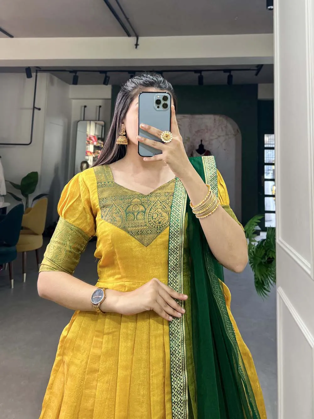 Regal Yellow Zari Woven Kanjivaram Gown with Net Dupatta