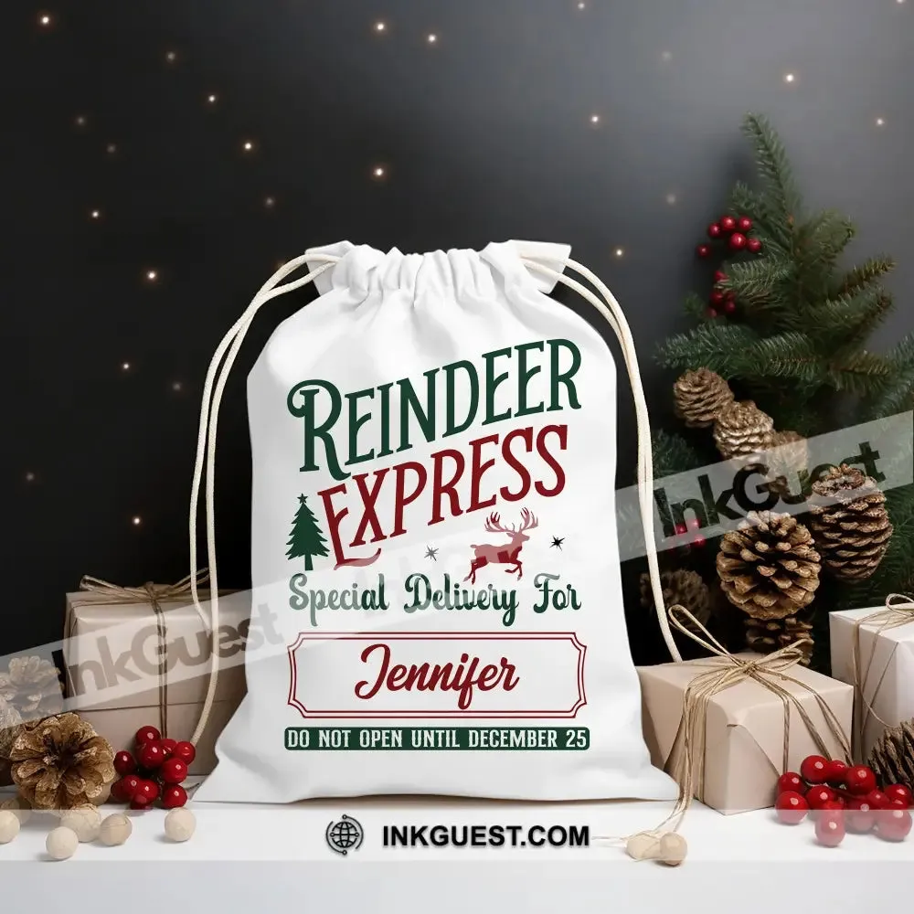 Reindeer Express Custom Name, Personalized String Bag, Christmas Gift