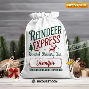 Reindeer Express Custom Name, Personalized String Bag, Christmas Gift