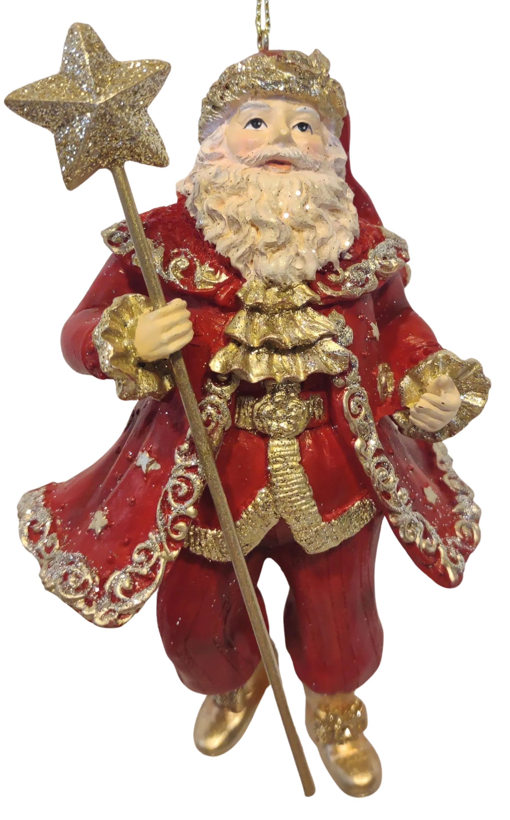 Resin Regal Red Santa with Gold Glitter Holding Assorted Topped Staff 5.5"