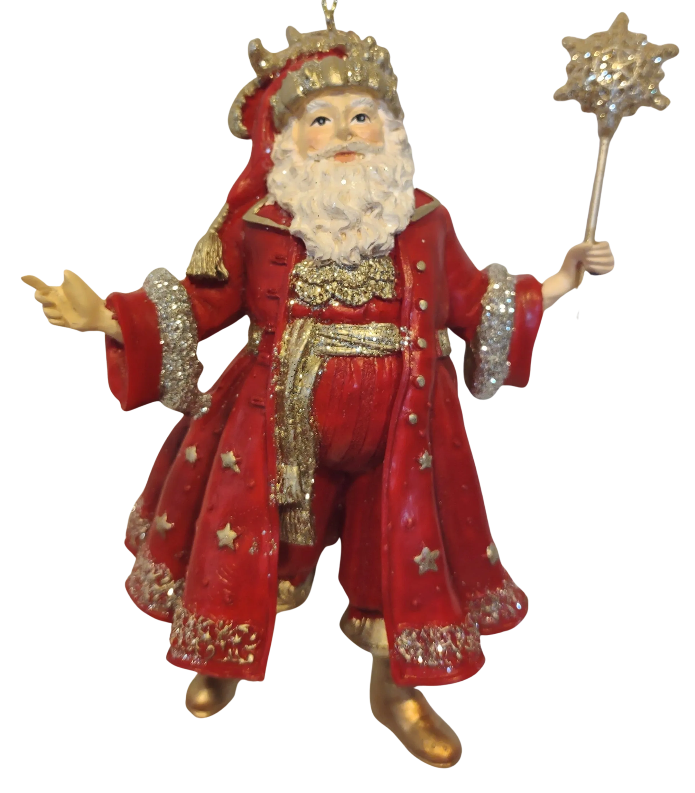 Resin Regal Red Santa with Gold Glitter Holding Assorted Topped Staff 5.5"