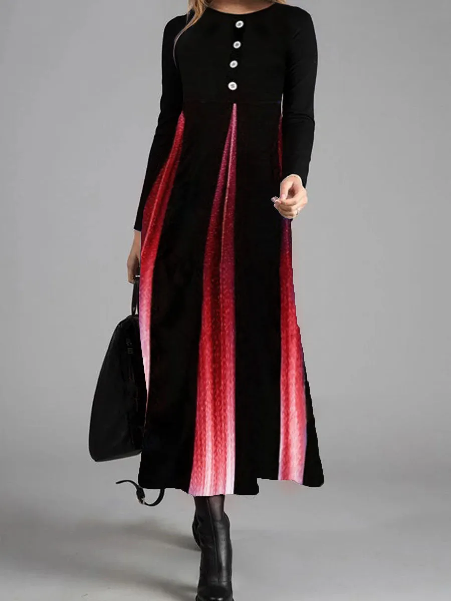 Retro Elegant Color Block Long Sleeve Dress