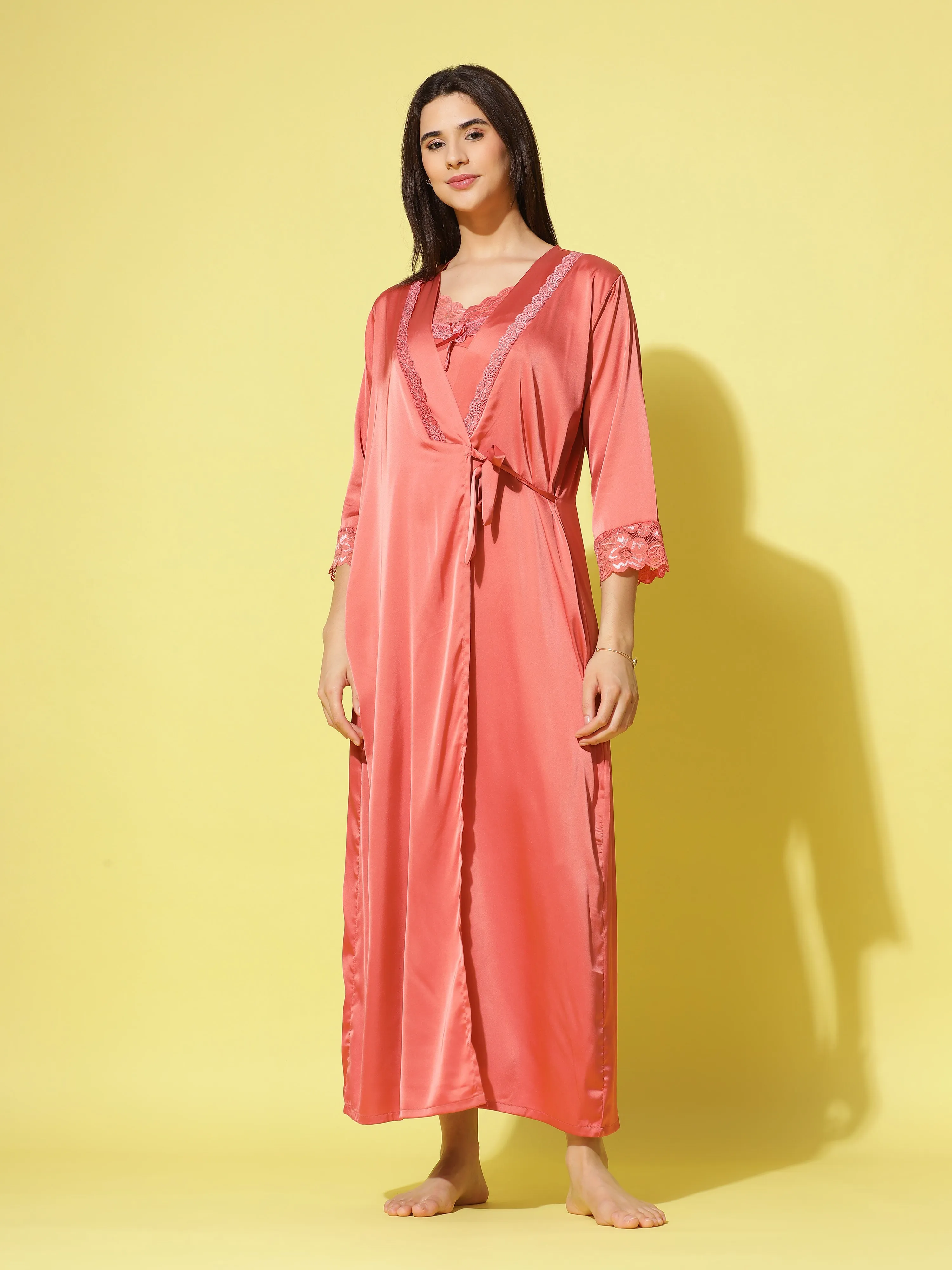 Satin luxury robe with Long Gown Dark Peach