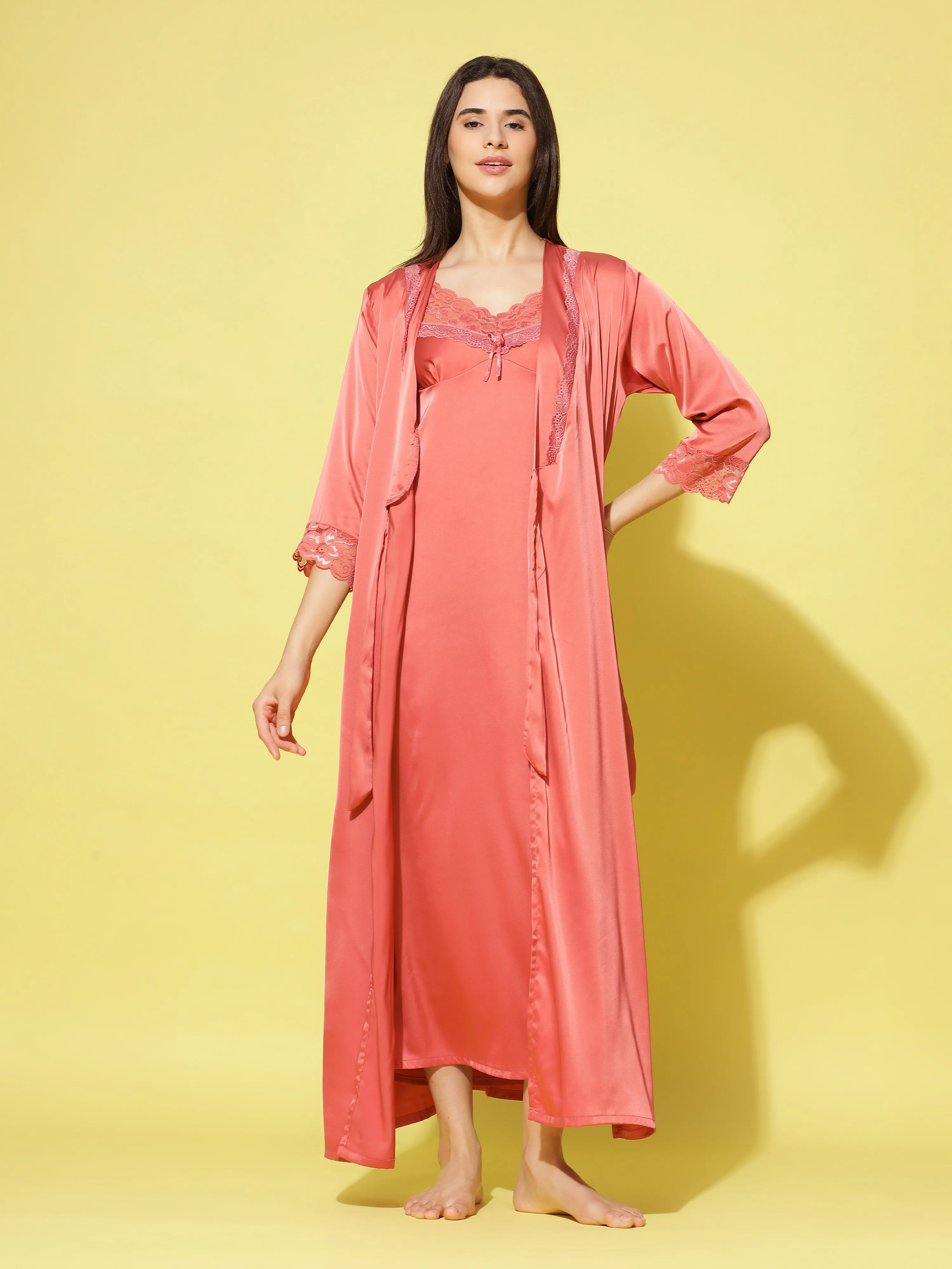 Satin luxury robe with Long Gown Dark Peach