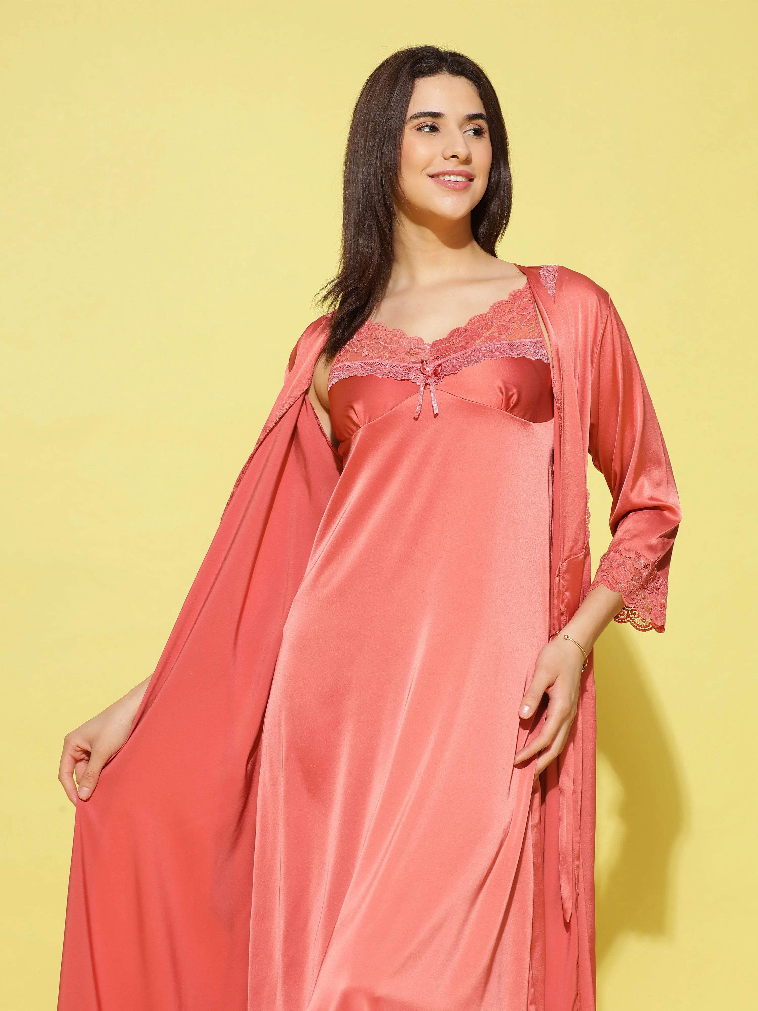 Satin luxury robe with Long Gown Dark Peach