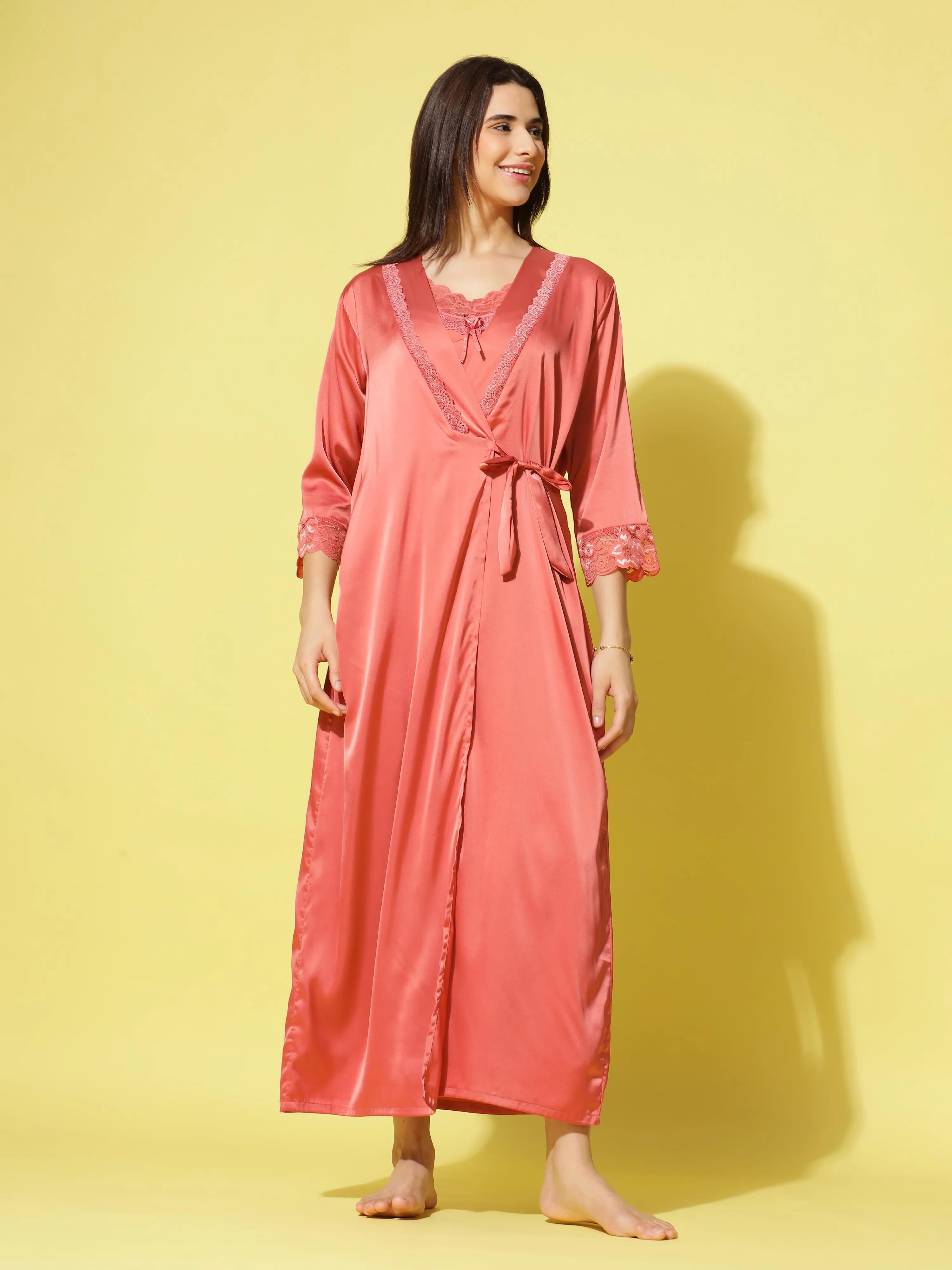 Satin luxury robe with Long Gown Dark Peach