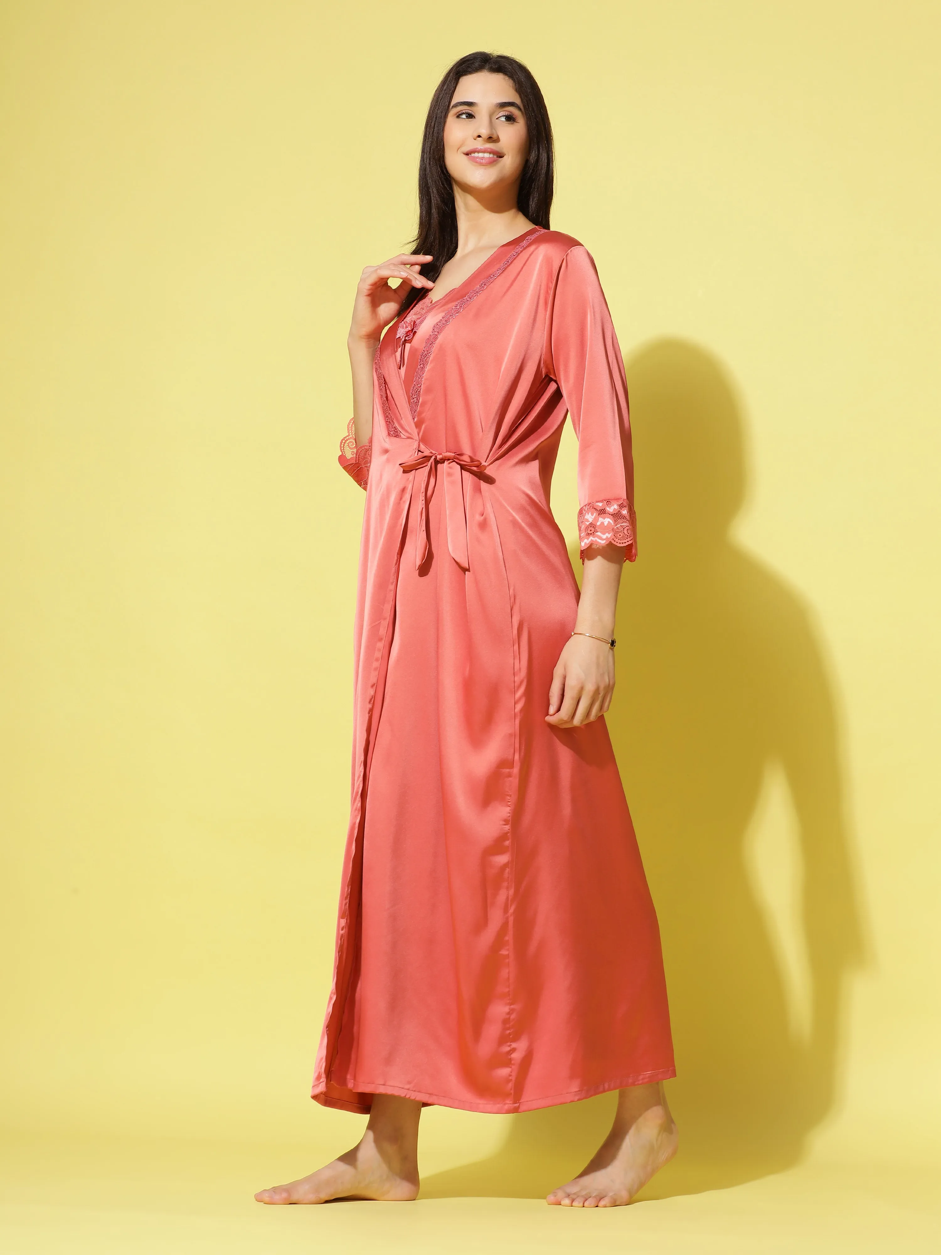 Satin luxury robe with Long Gown Dark Peach