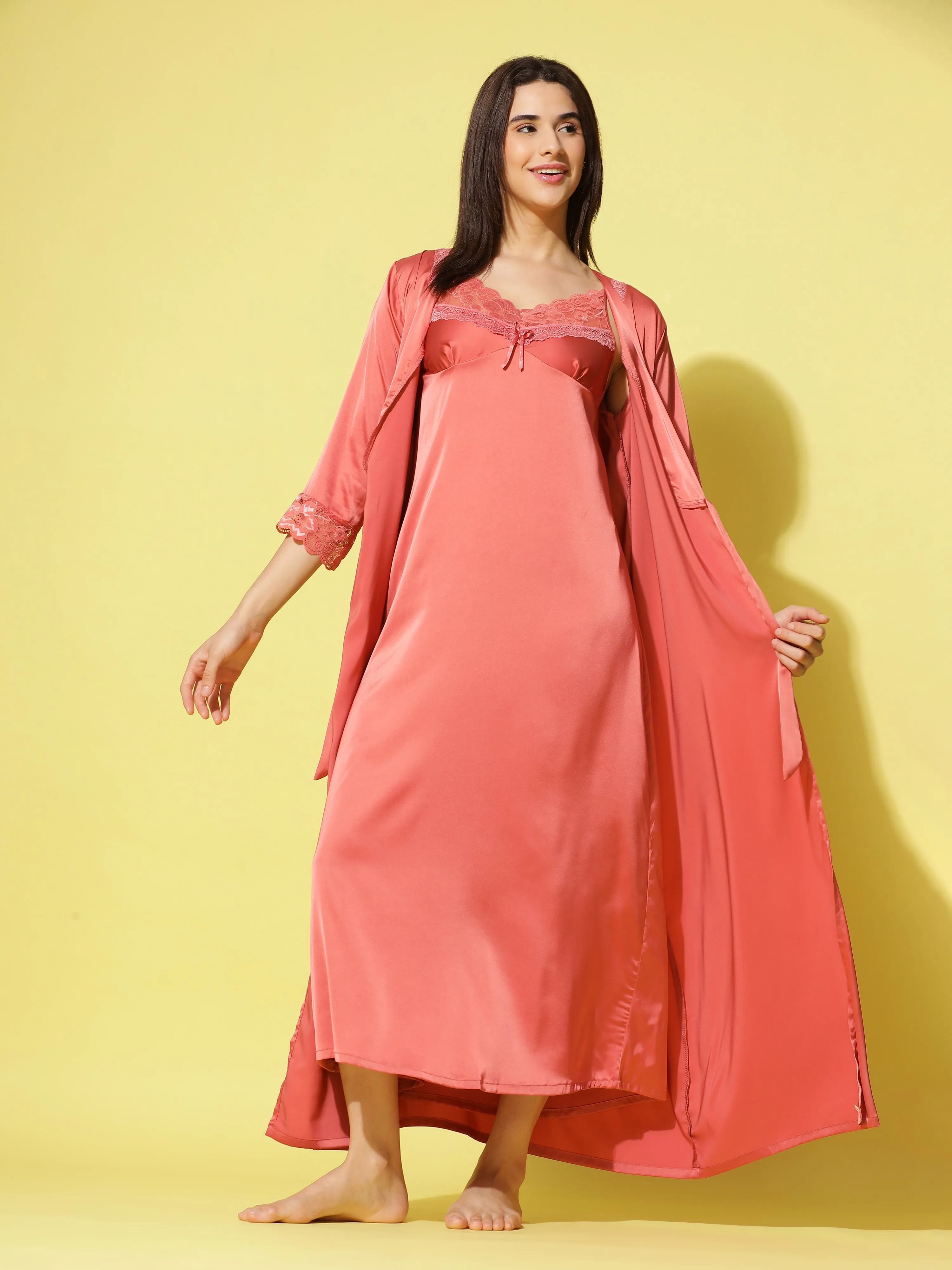 Satin luxury robe with Long Gown Dark Peach