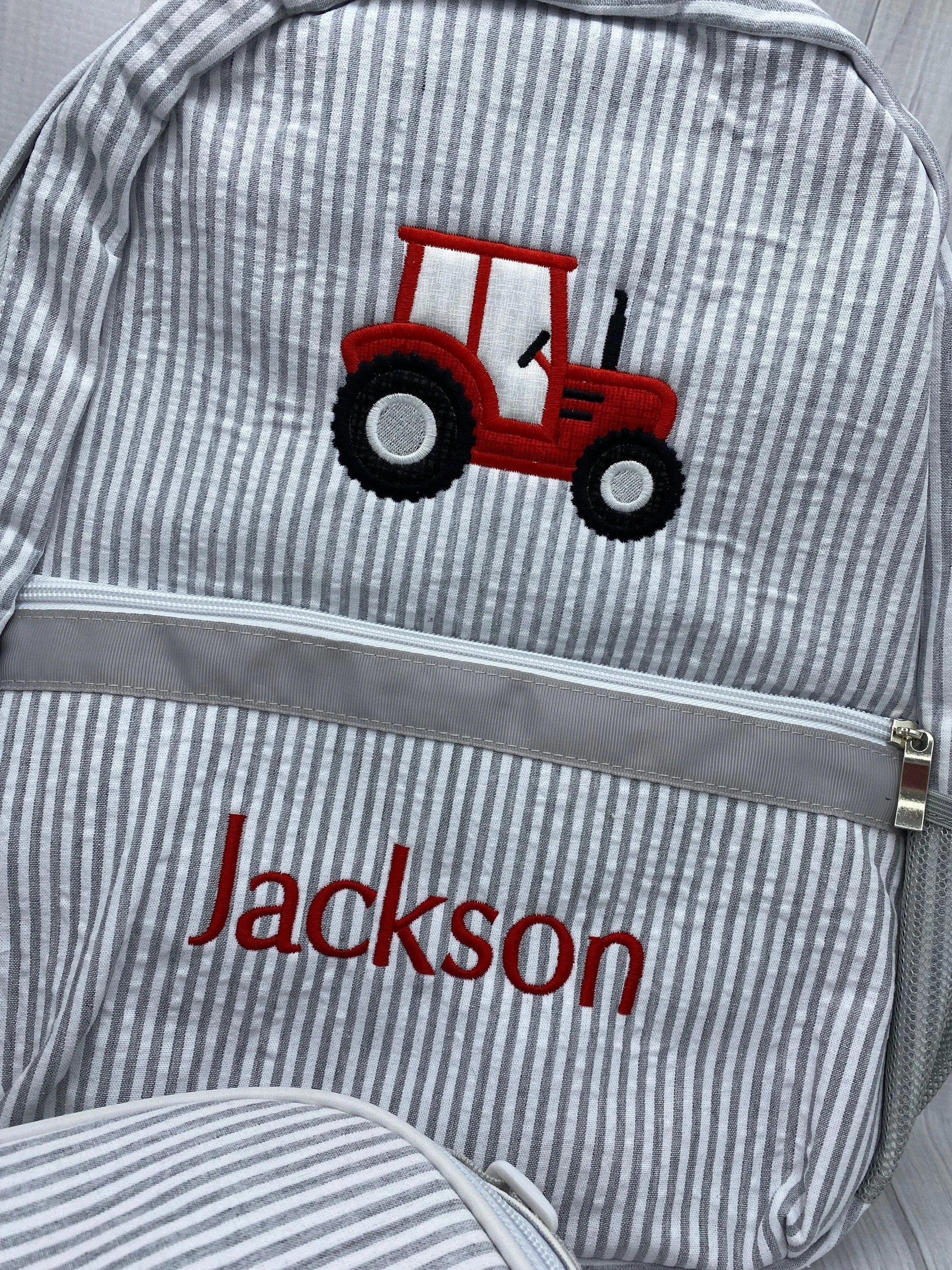 Seersucker Tractor Backpack Set