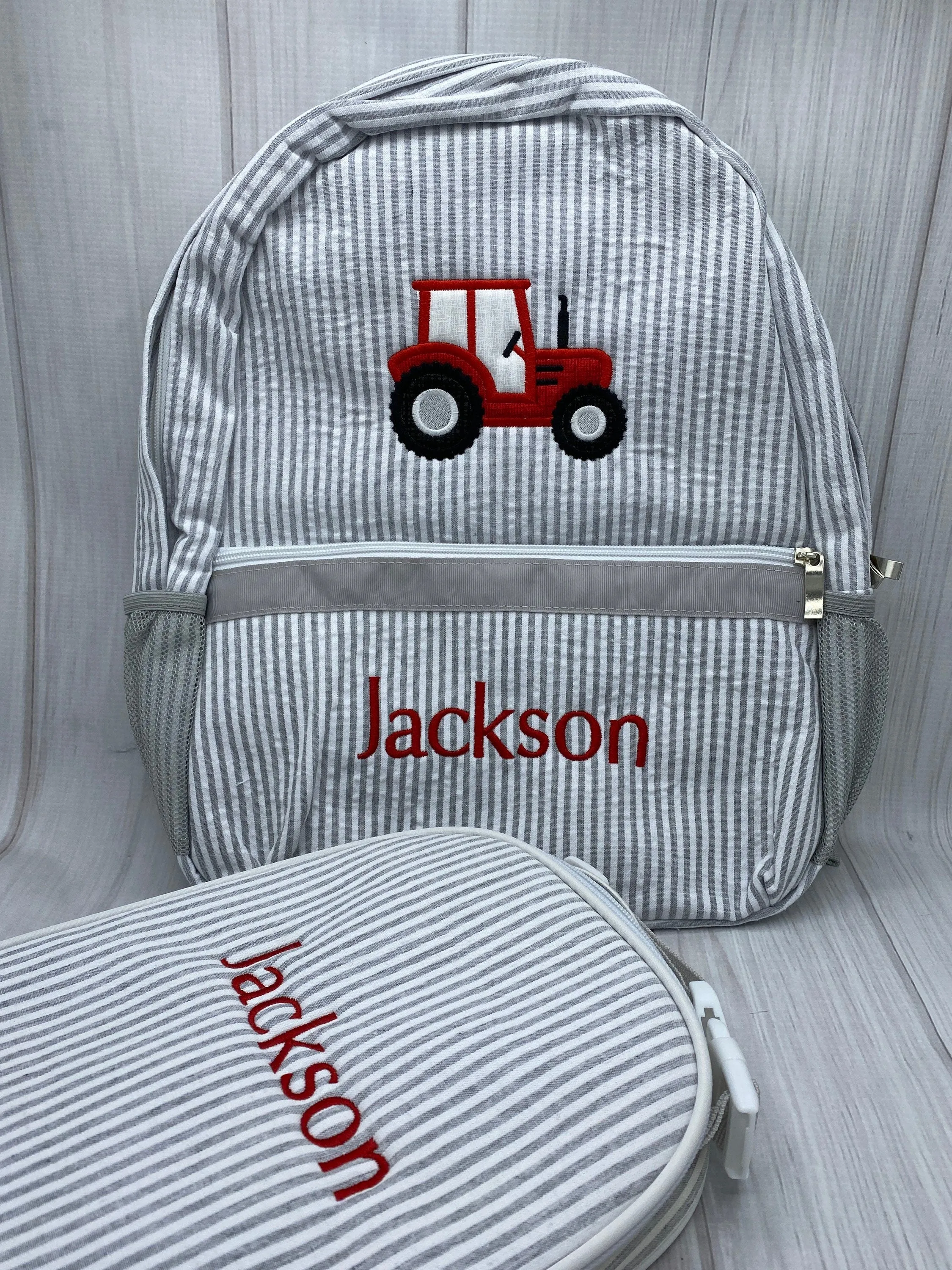 Seersucker Tractor Backpack Set
