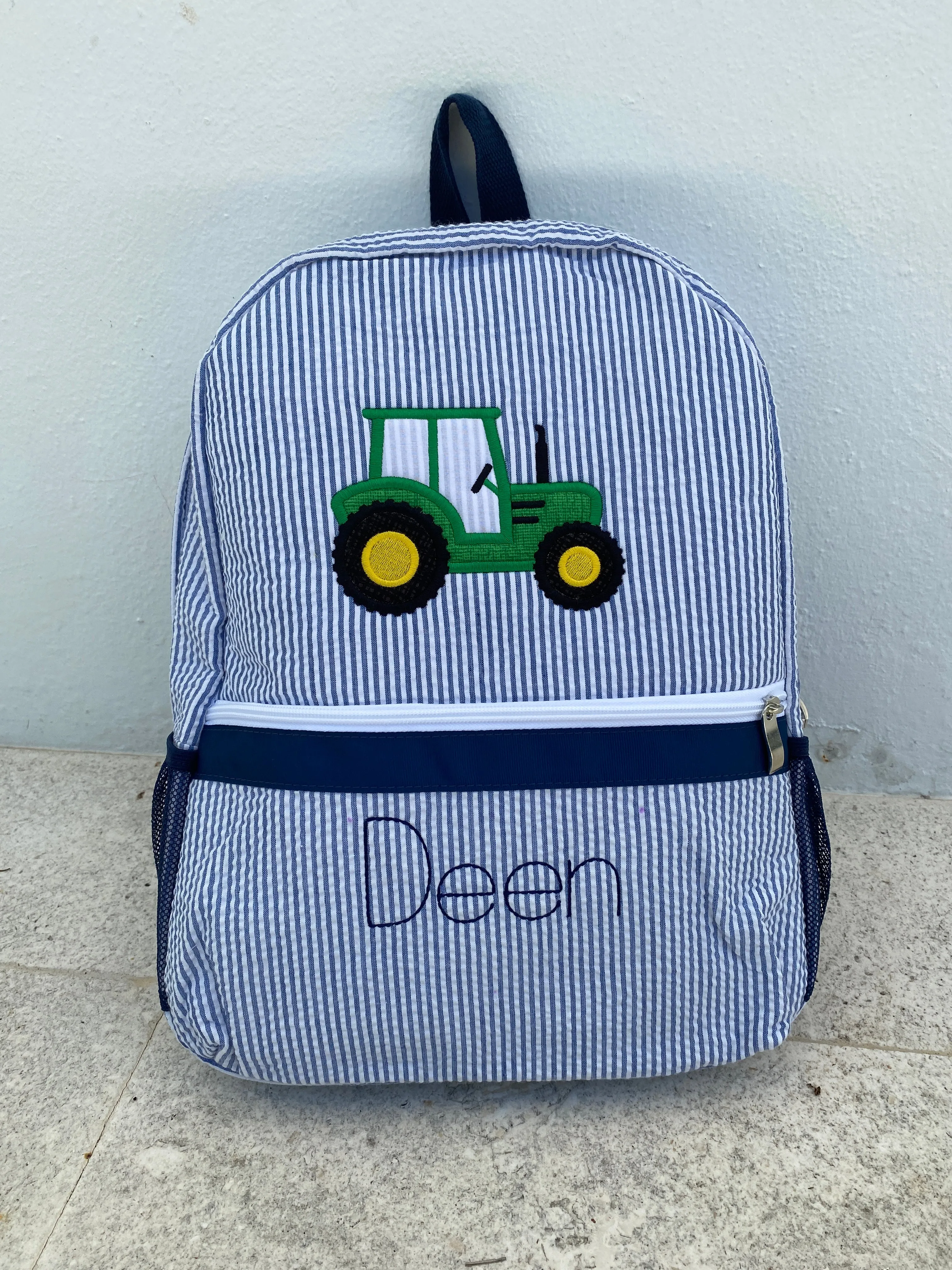 Seersucker Tractor Backpack Set