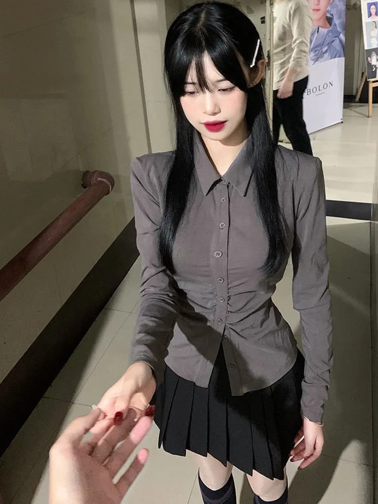 Sexy Shirts Skinny Grey Y2k Long Sleeve Pleated Tops Elegant Chic Korean Fashion Streetwear Office Ladies Blouses