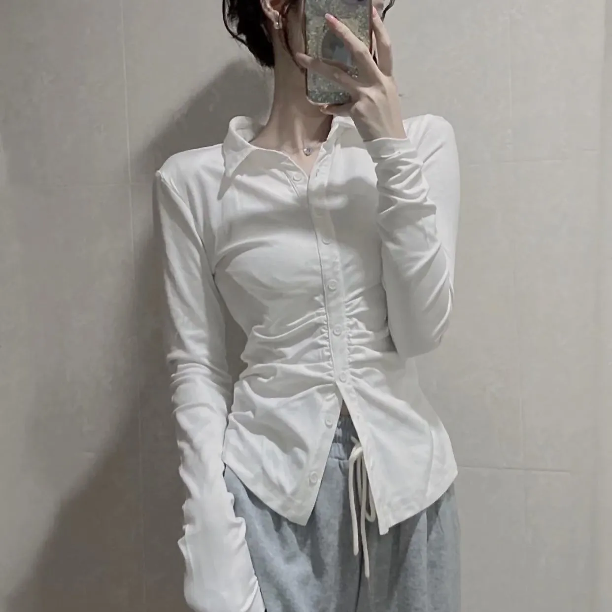 Sexy Shirts Skinny Grey Y2k Long Sleeve Pleated Tops Elegant Chic Korean Fashion Streetwear Office Ladies Blouses