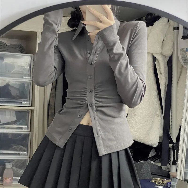 Sexy Shirts Skinny Grey Y2k Long Sleeve Pleated Tops Elegant Chic Korean Fashion Streetwear Office Ladies Blouses