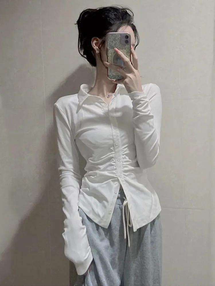 Sexy Shirts Skinny Grey Y2k Long Sleeve Pleated Tops Elegant Chic Korean Fashion Streetwear Office Ladies Blouses