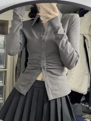 Sexy Shirts Skinny Grey Y2k Long Sleeve Pleated Tops Elegant Chic Korean Fashion Streetwear Office Ladies Blouses