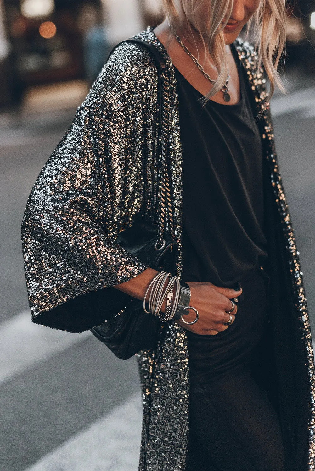 Silver Sequin Bracelet Sleeve Open Front Long Cardigan