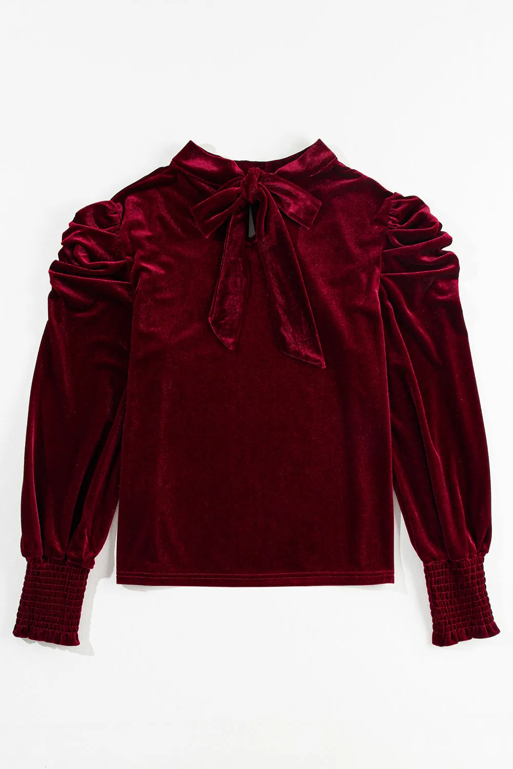 Sky Blue Fiery Mock Neck Puff Sleeve Velvet Blouse