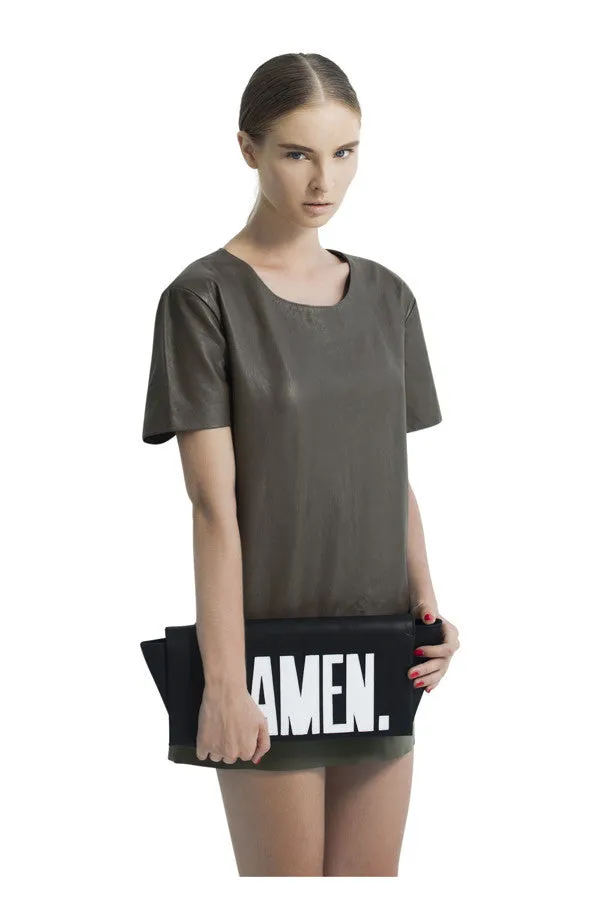 SLOGAN 'AMEN' LEATHER CLUTCH BLACK/WHITE