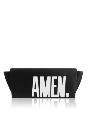 SLOGAN 'AMEN' LEATHER CLUTCH BLACK/WHITE
