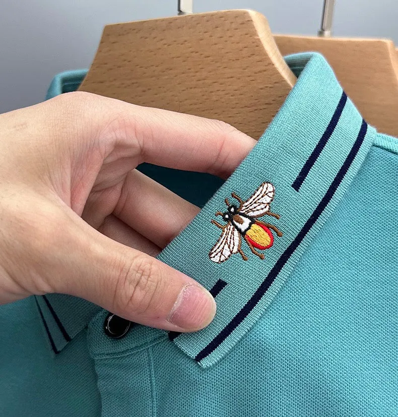 Striped Bee Embroidery Collar Polo Shirt