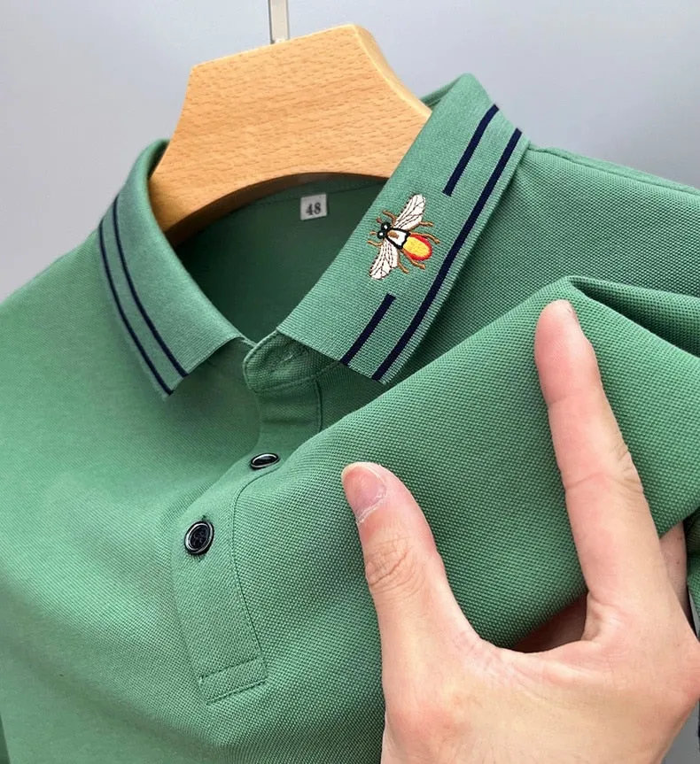 Striped Bee Embroidery Collar Polo Shirt