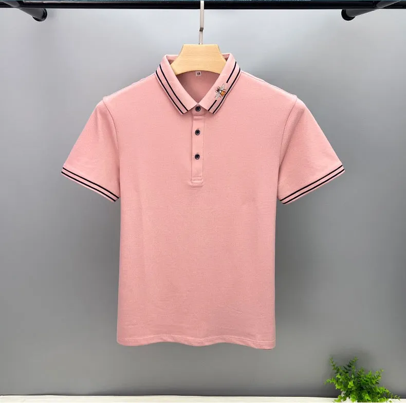 Striped Bee Embroidery Collar Polo Shirt
